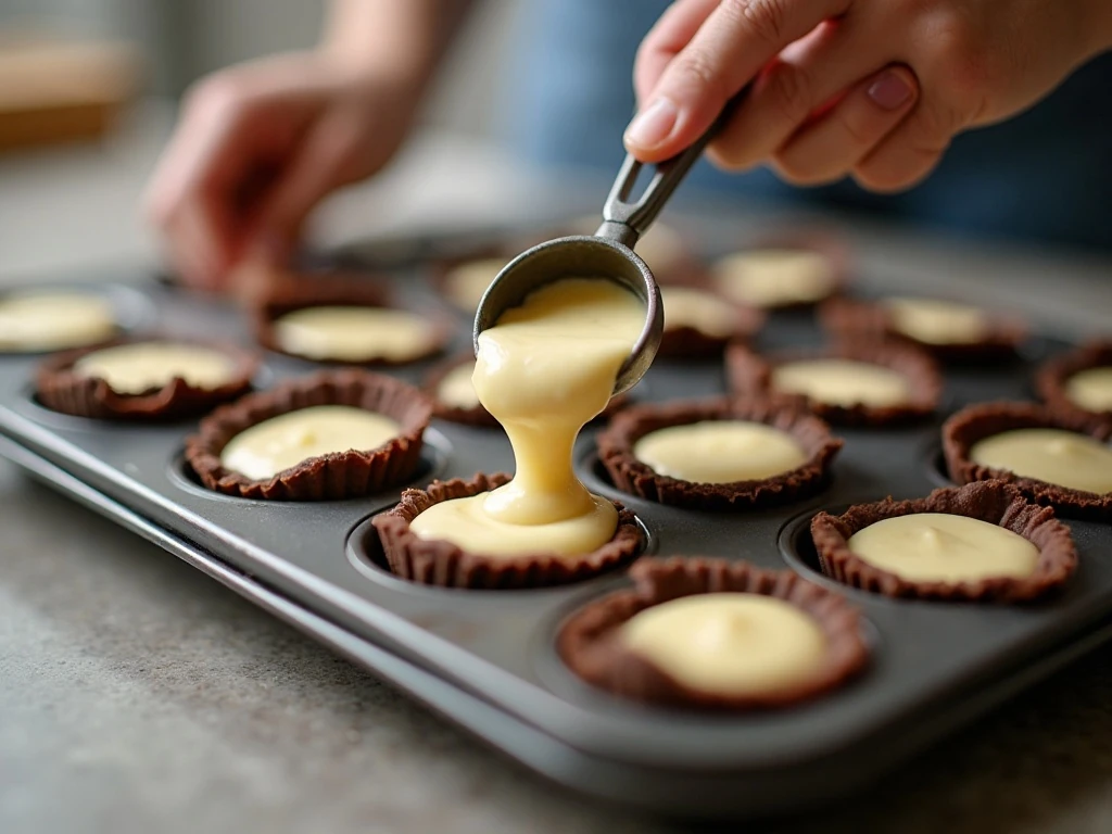 Portioning cheesecake filling evenly into muffin cups