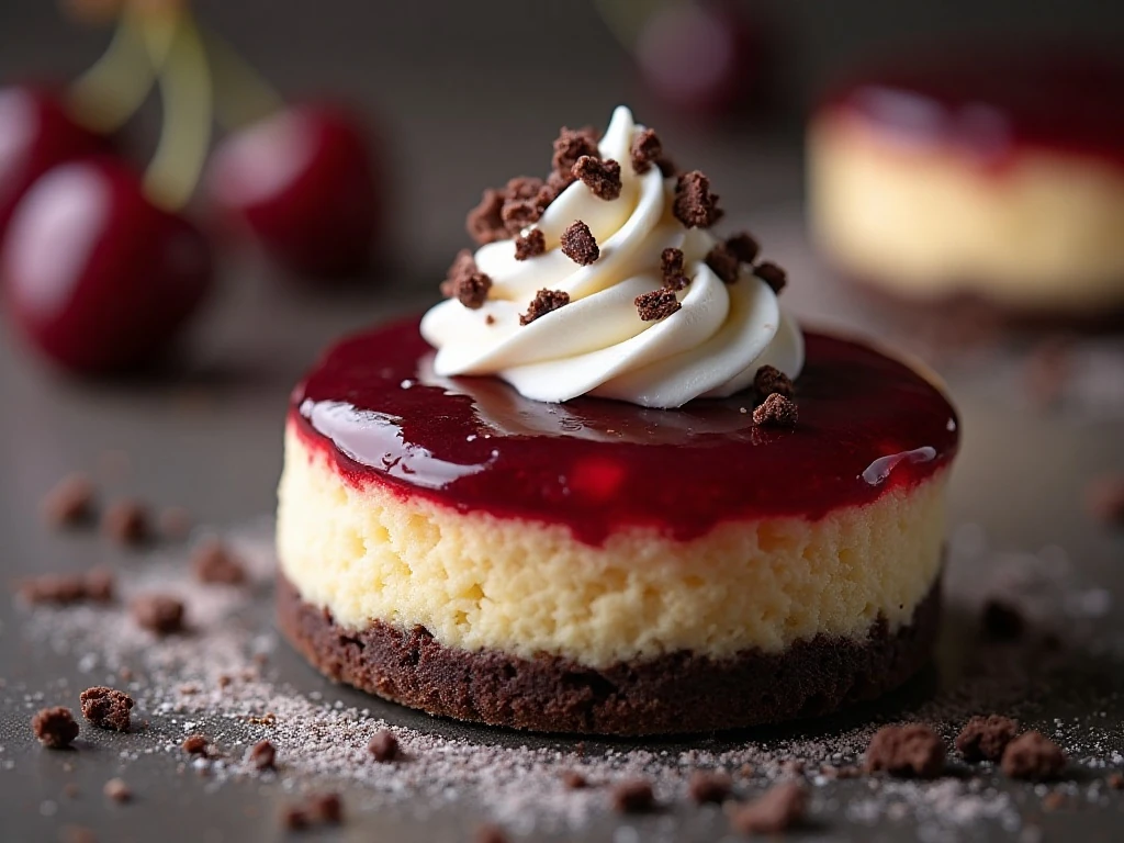 Mini cheesecake garnished with cherries whipped cream and chocolate curls