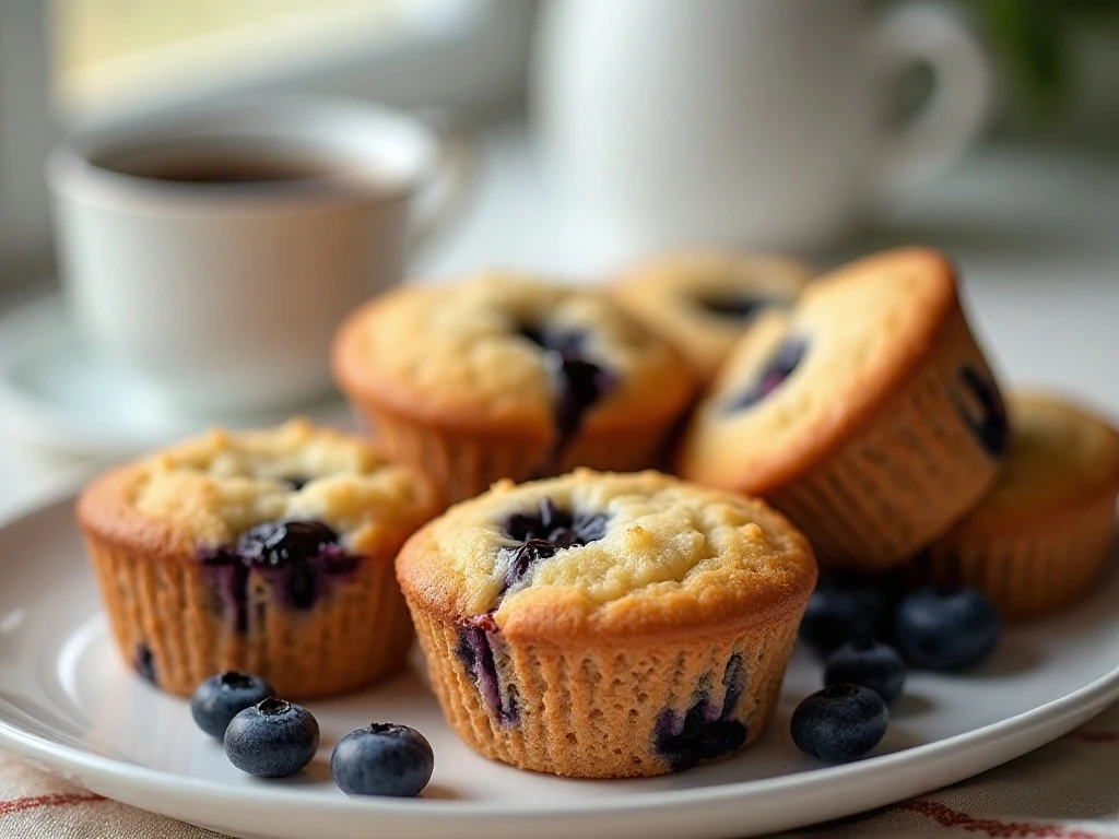 Platter of homemade mini blueberry muffins for breakfast