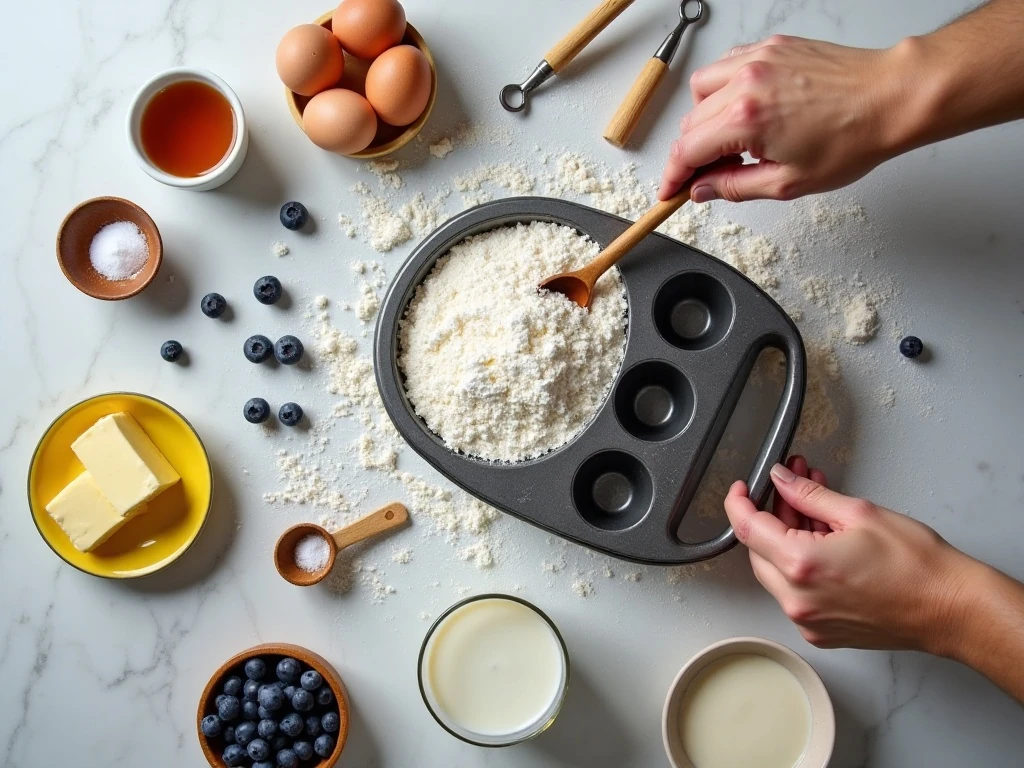 Ingredients for mini blueberry muffins arranged beside a muffin pan