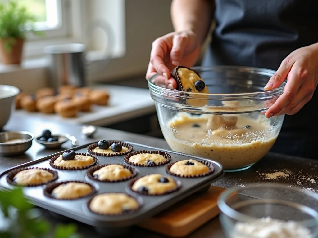 Folding blueberries into mini muffin batter before baking
