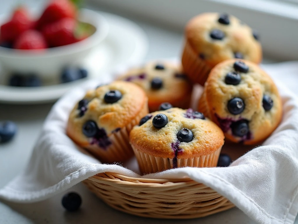 Mini blueberry muffins served for breakfast with fresh berries