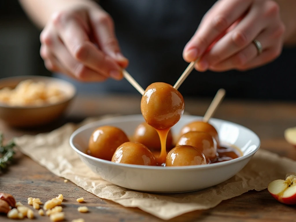 Apple pieces being dipped in melted caramel for mini pops