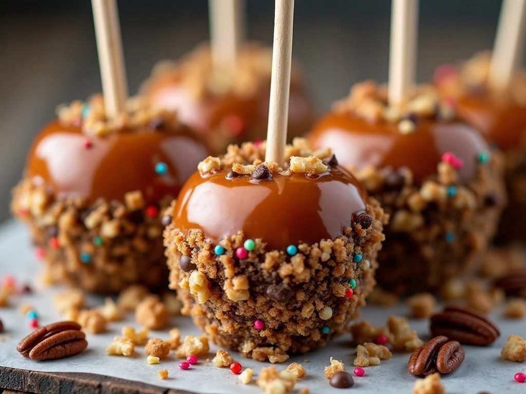 Caramel apple pops decorated with nuts chocolate and sprinkles