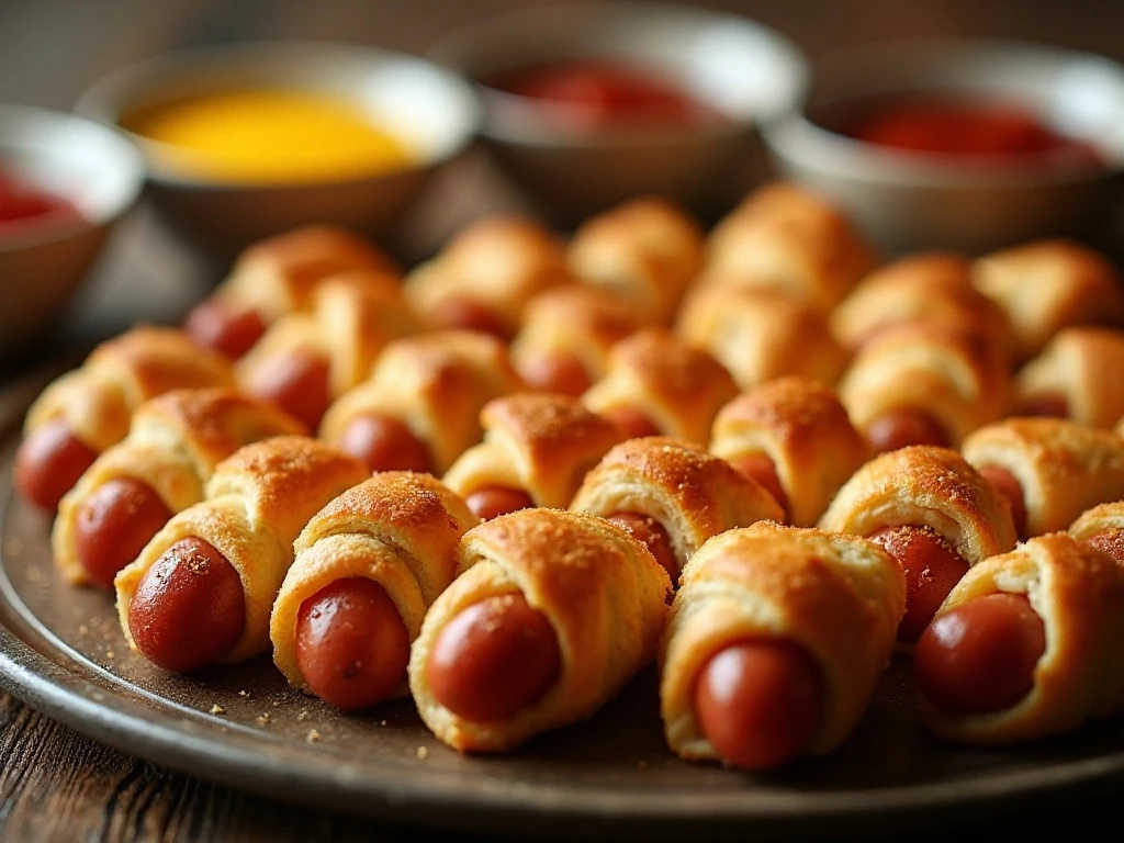 Platter of golden mini cheese dogs with dipping sauces
