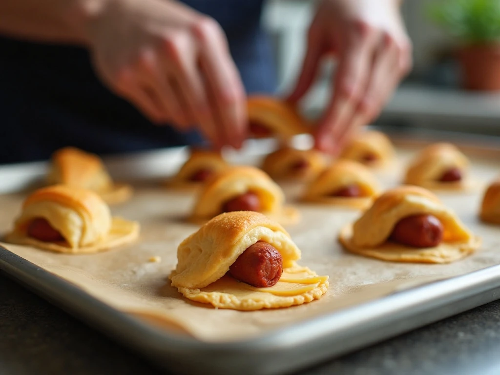 Wrapping crescent dough around sausages and cheese