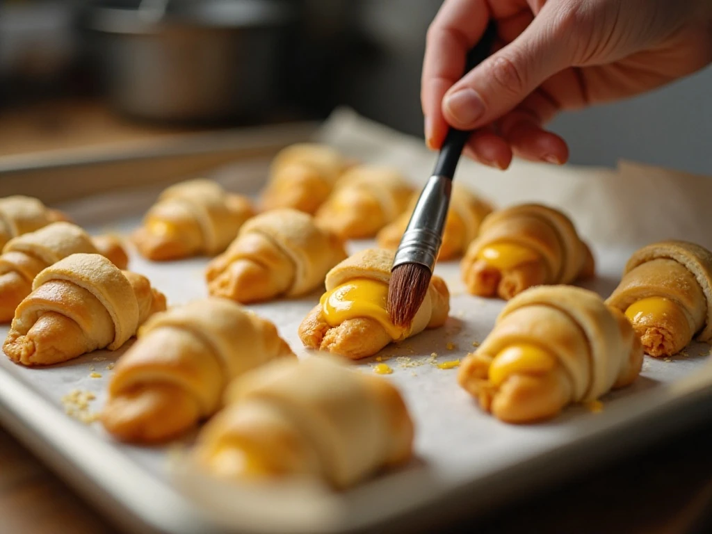 Mini cheese dogs prepared for baking with egg wash