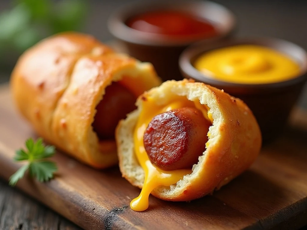 Close-up of melted cheese inside a mini cheese dog