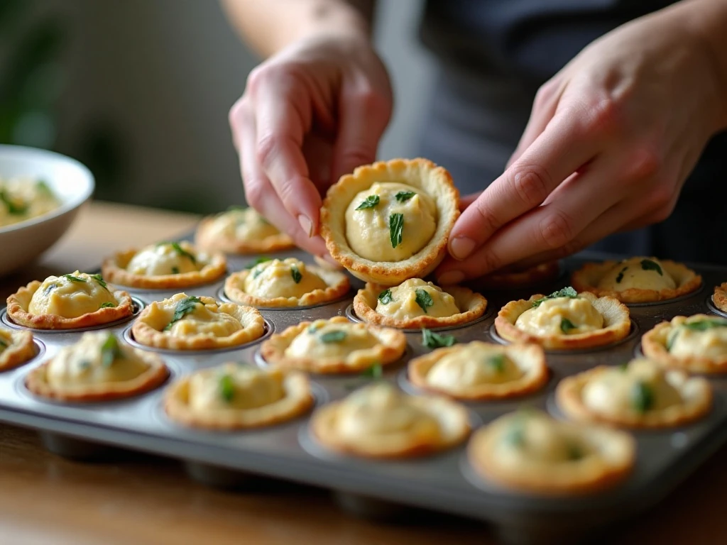 Preparing pastry shells for mini chicken pot pies