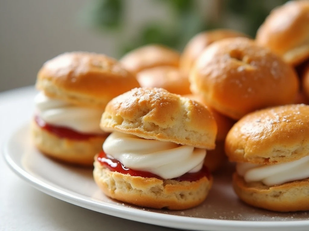 Golden mini cream puffs filled with vanilla whipped cream on a serving platter