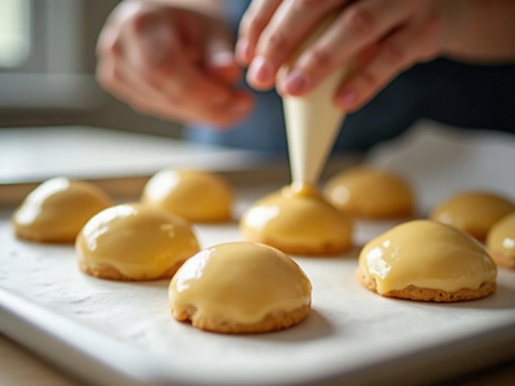 Piping small pâte à choux mounds onto a parchment-lined baking sheet
