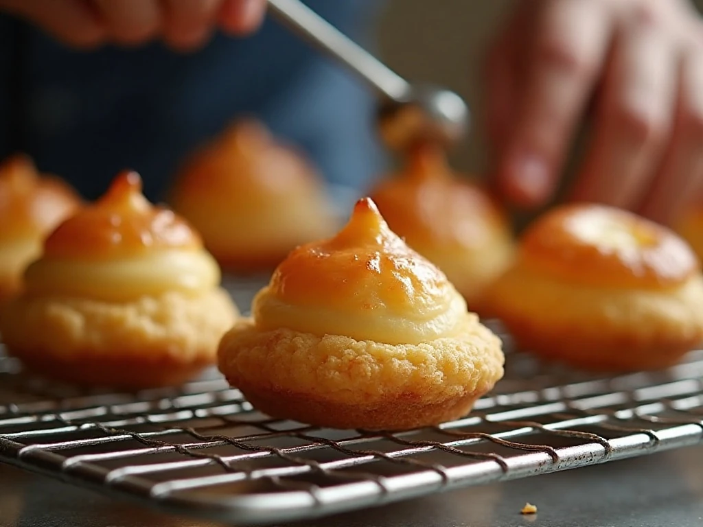 Deeply golden crisp cream puff shells cooling on a rack