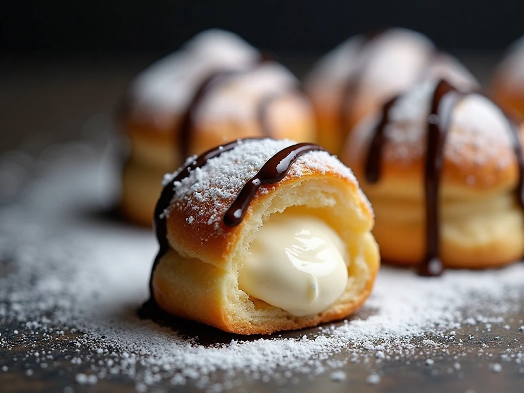 Mini cream puffs decorated with confectioners’ sugar and chocolate drizzle