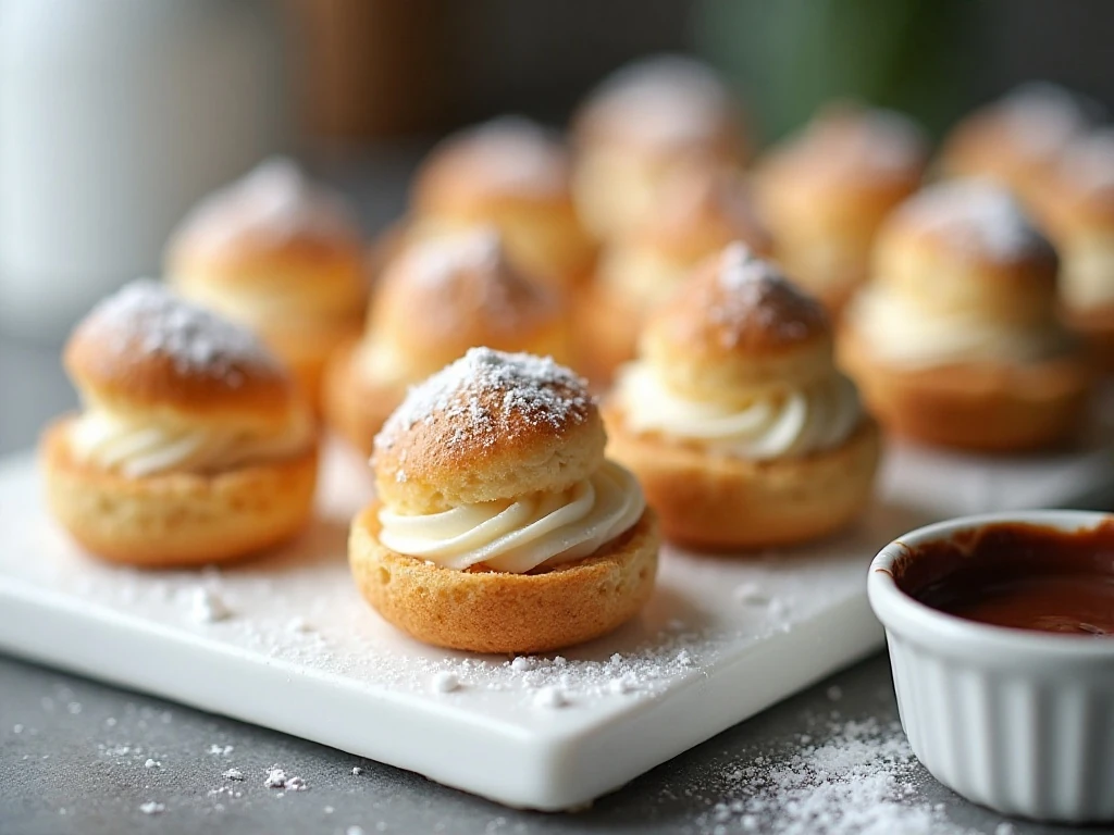 Party-ready platter of filled mini cream puffs with chocolate topping