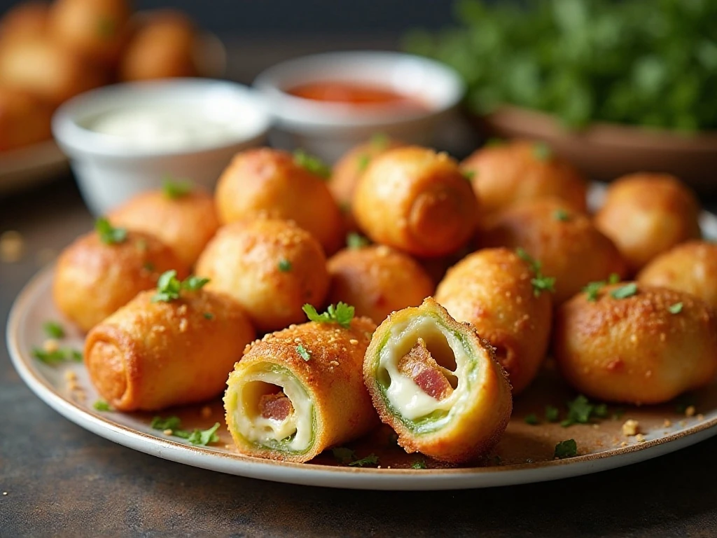 Golden mini jalapeño popper egg rolls with creamy cheese and bacon filling