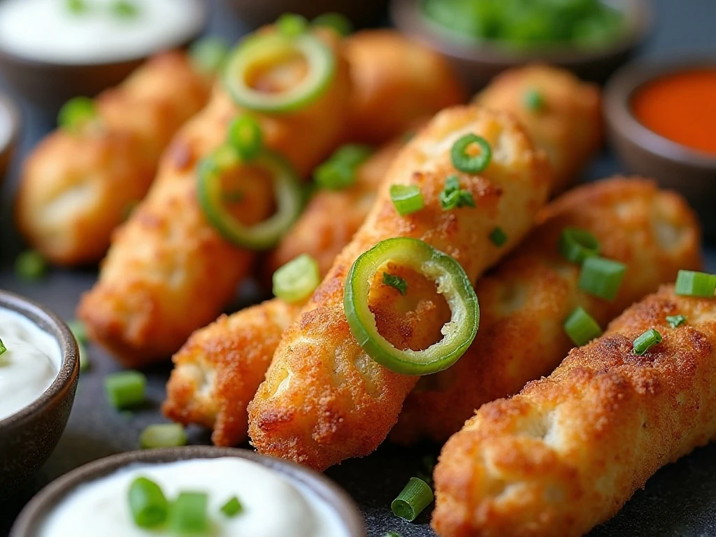 Mini jalapeño popper egg rolls with dipping sauces and green onion garnish