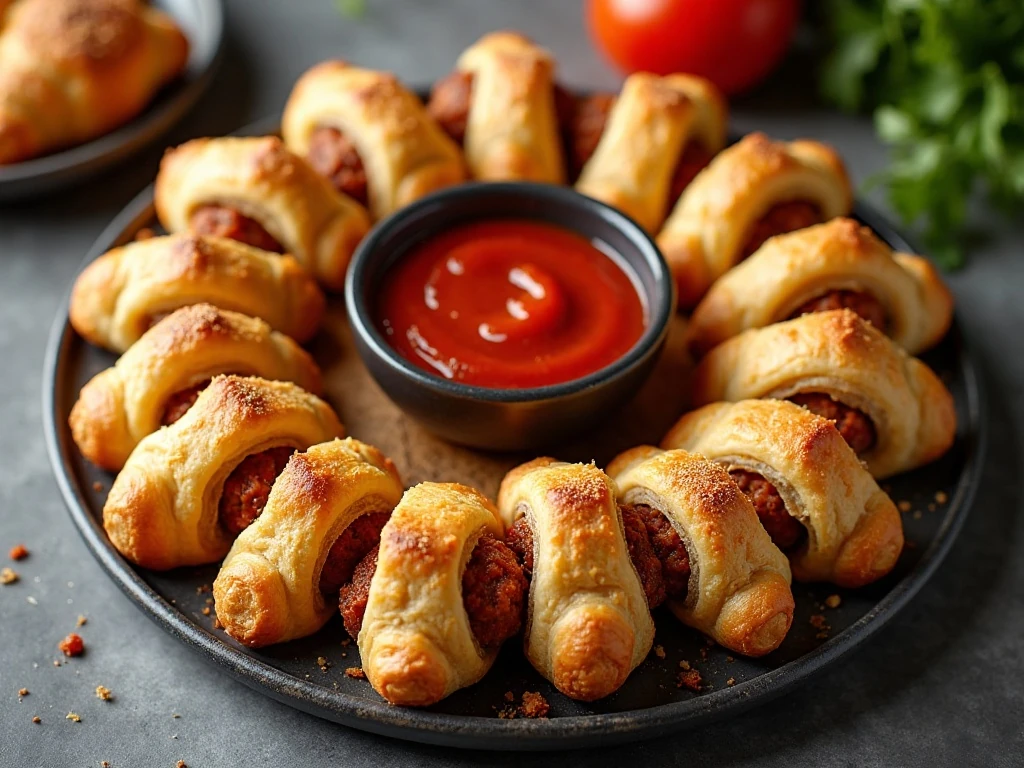 Golden mini meatball crescent bites arranged on a platter with pizza sauce