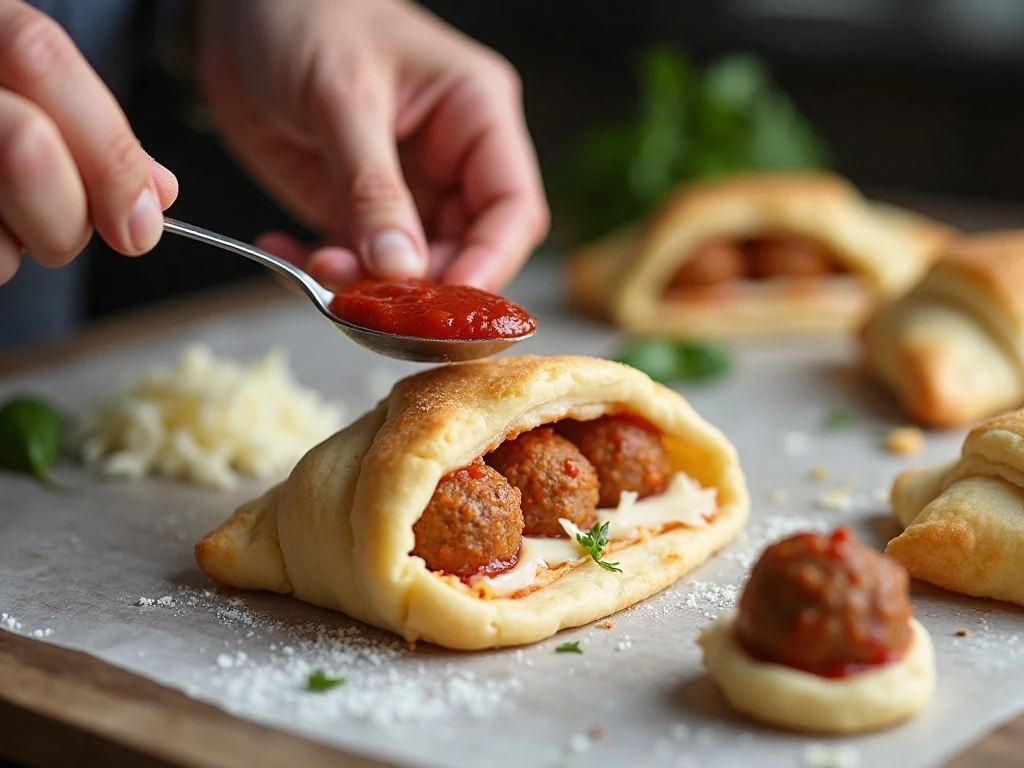 Filling crescent dough with meatballs, pizza sauce, and mozzarella