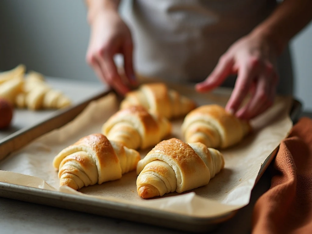 Unbaked crescent-wrapped meatballs arranged point-side down on a baking sheet
