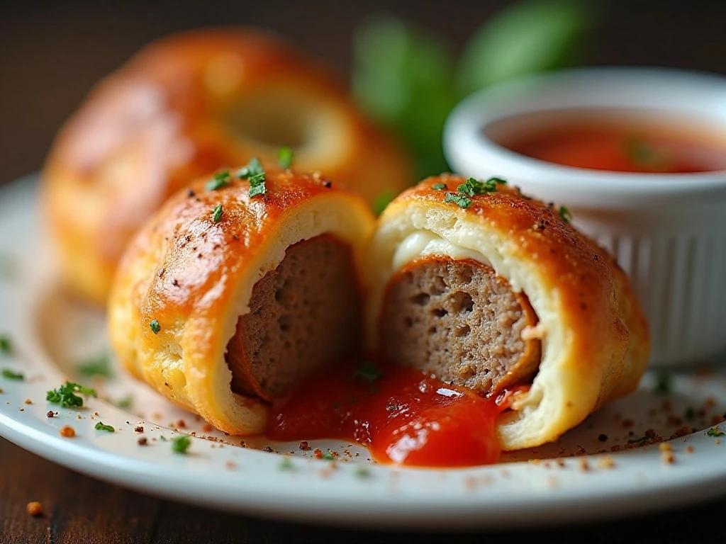 Close-up of a cheesy mini meatball crescent bite with dipping sauce