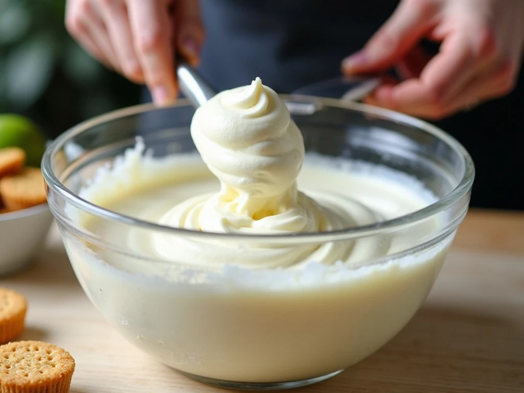 Folding whipped topping into Key lime pie filling