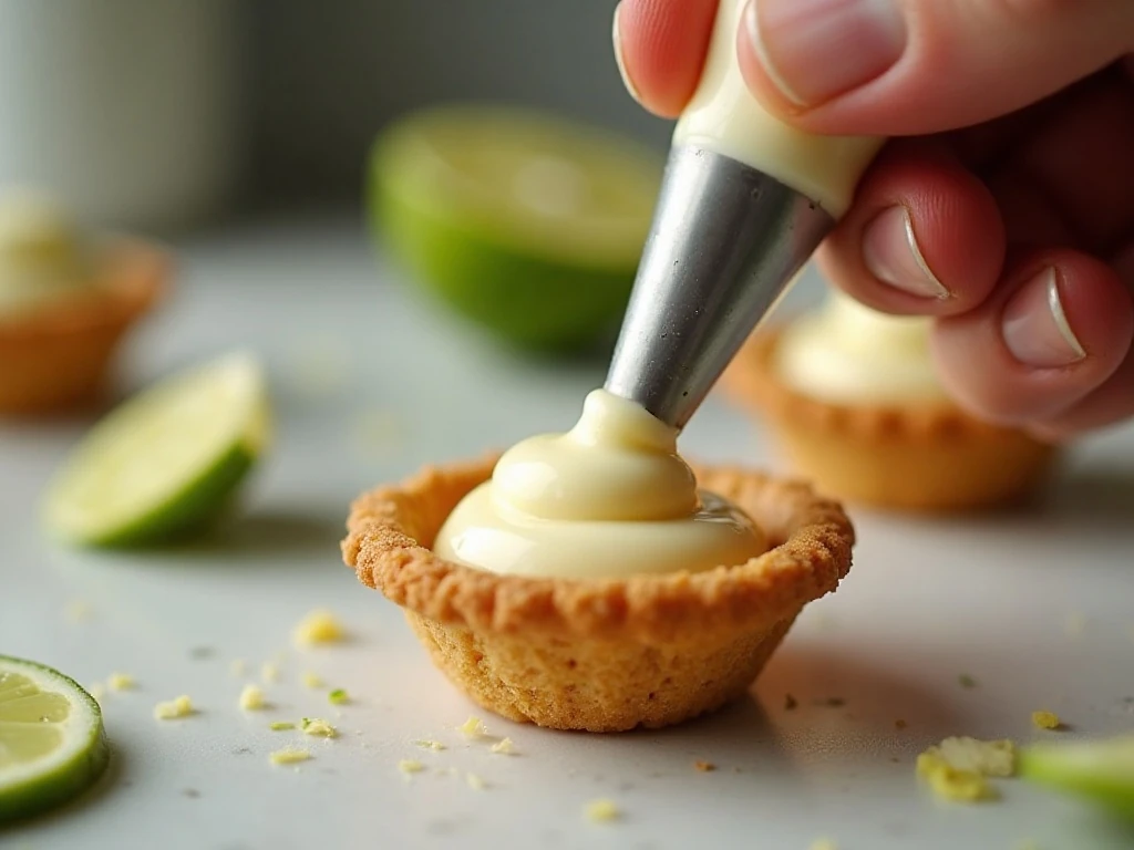 Piping smooth Key lime filling into mini pie shells