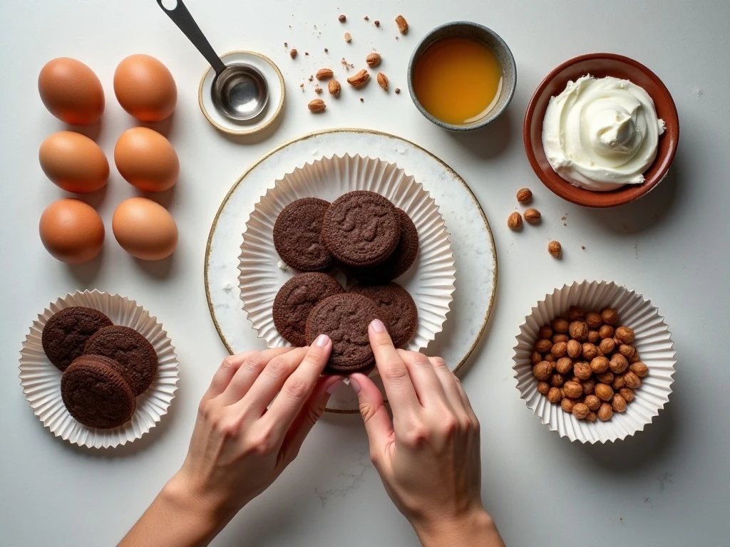 Ingredients for mini Nutella cheesecakes arranged for baking