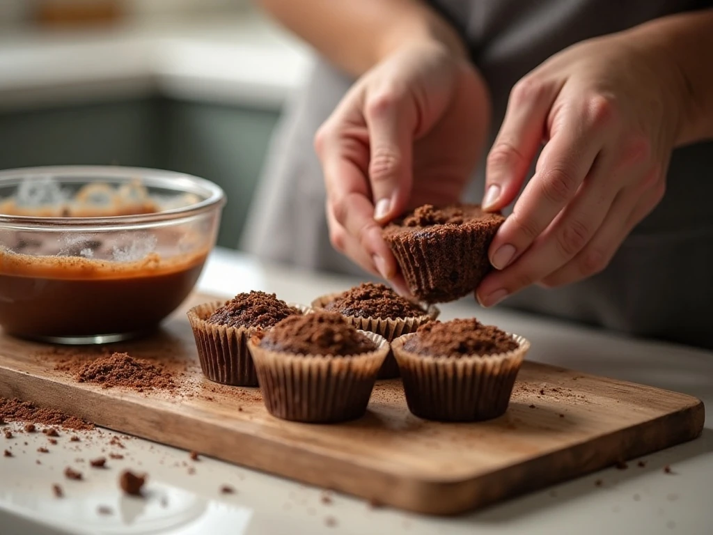 Preparing chocolate cookie crusts in a muffin tin for mini cheesecakes