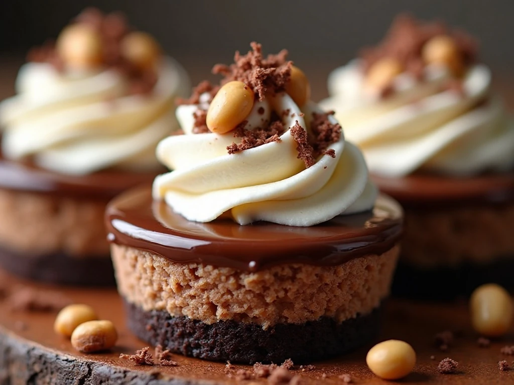 Mini Nutella cheesecakes decorated with whipped cream hazelnuts and chocolate shavings