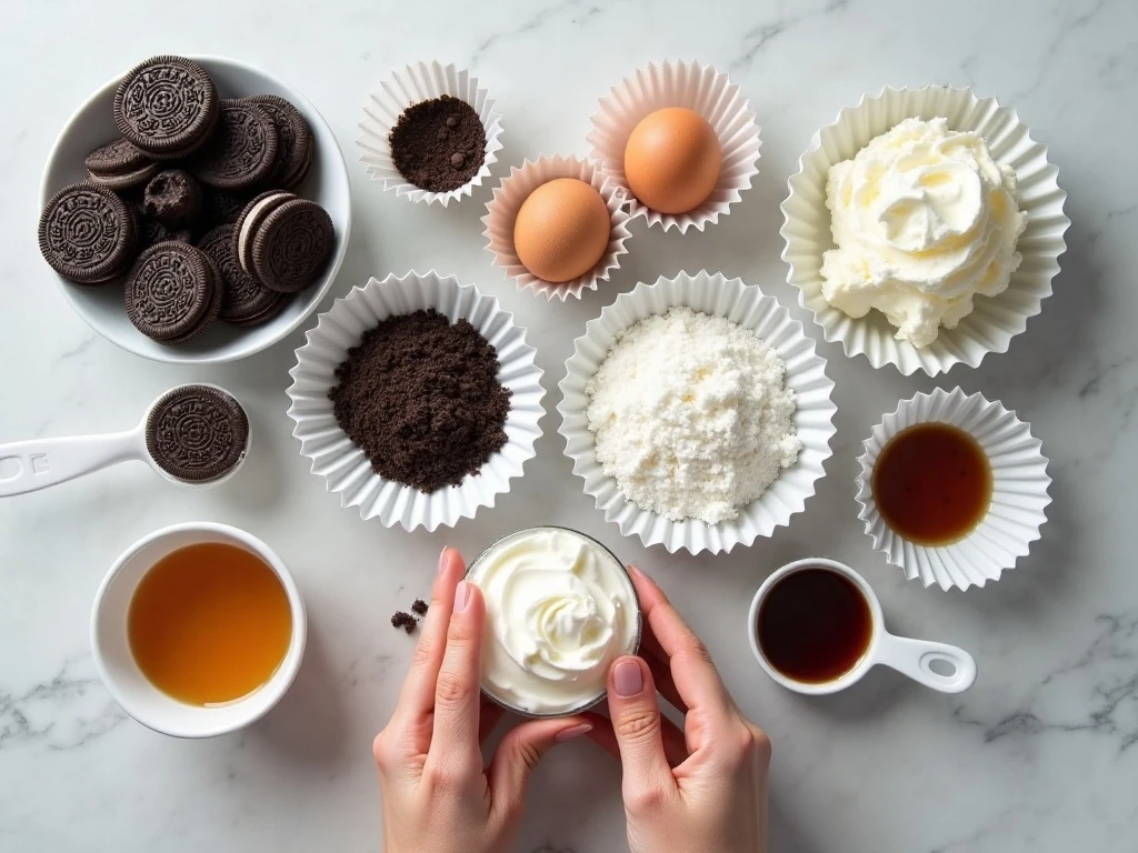 Ingredients for mini Oreo cheesecake cupcakes arranged for baking