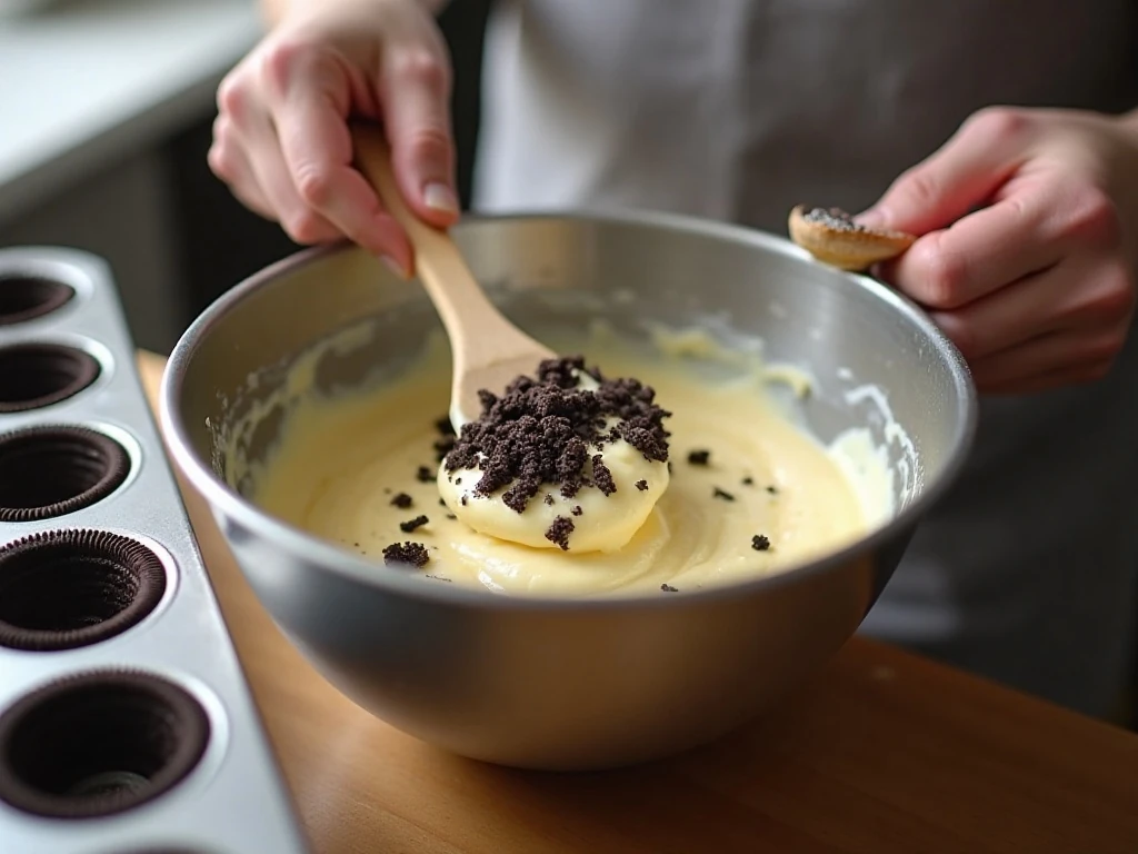 Chopped Oreos being folded into cheesecake batter for mini cupcakes