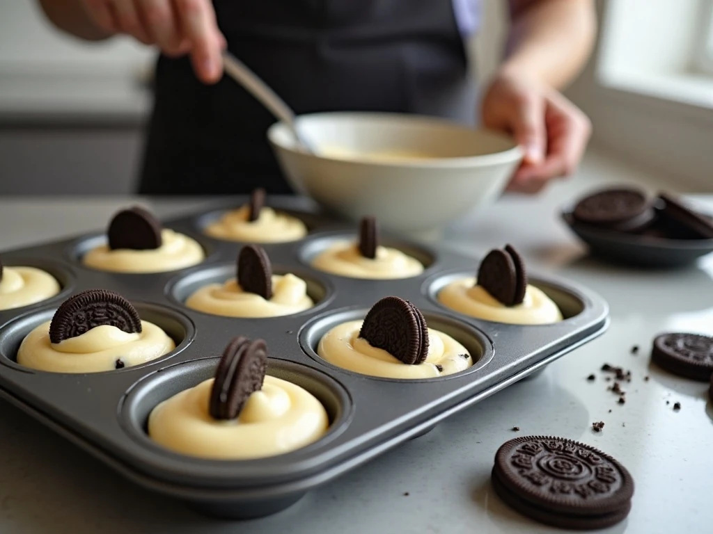 Oreo cheesecake batter portioned into paper-lined muffin cups