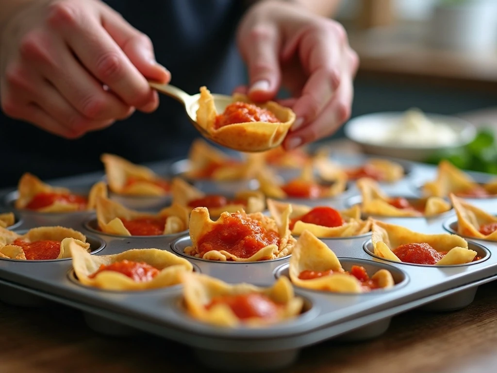 Filling wonton cups with creamy pepperoni pizza dip