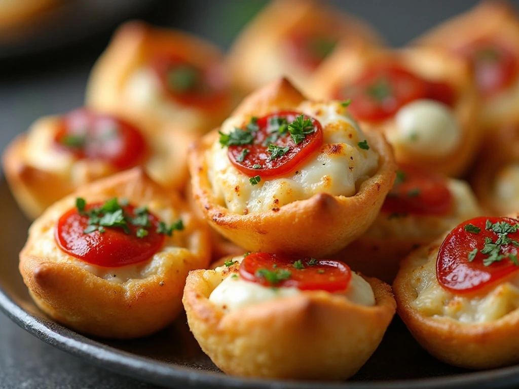 Close-up of crisp cheesy pizza dip bites with parsley