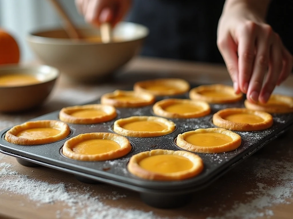 Preparing pastry shells and pumpkin filling for mini pies
