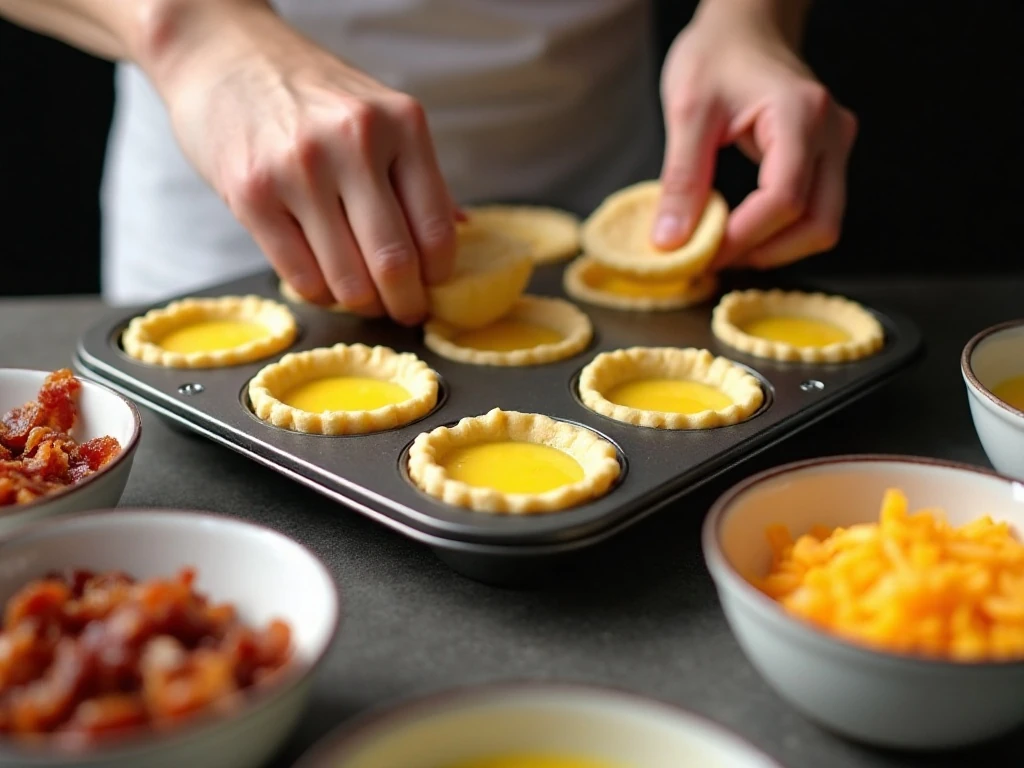 Preparing pie crust cups for mini quiches