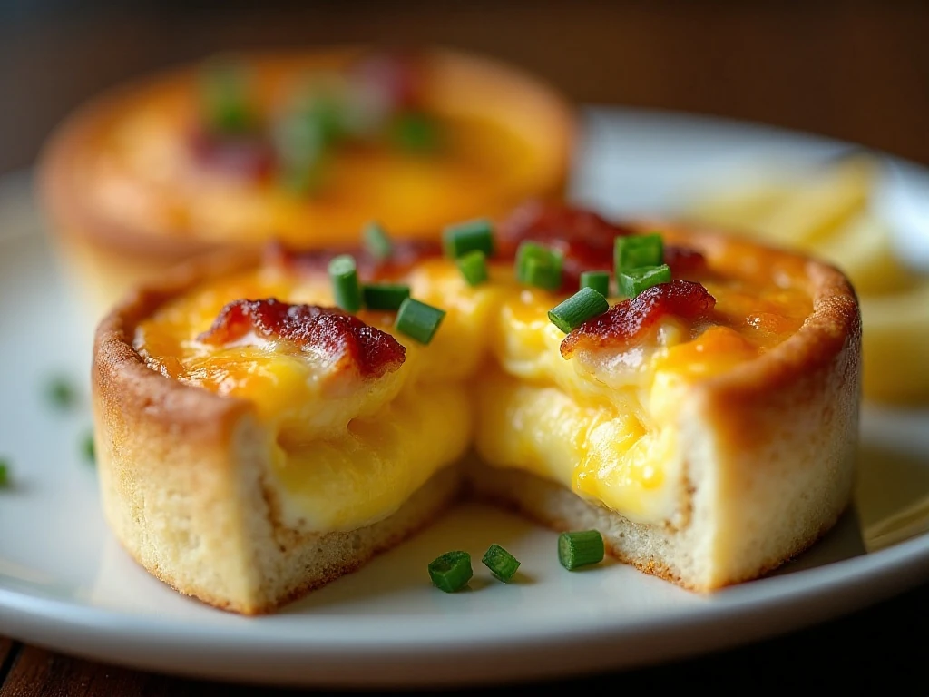 Close-up of a cheesy bacon mini quiche with chives