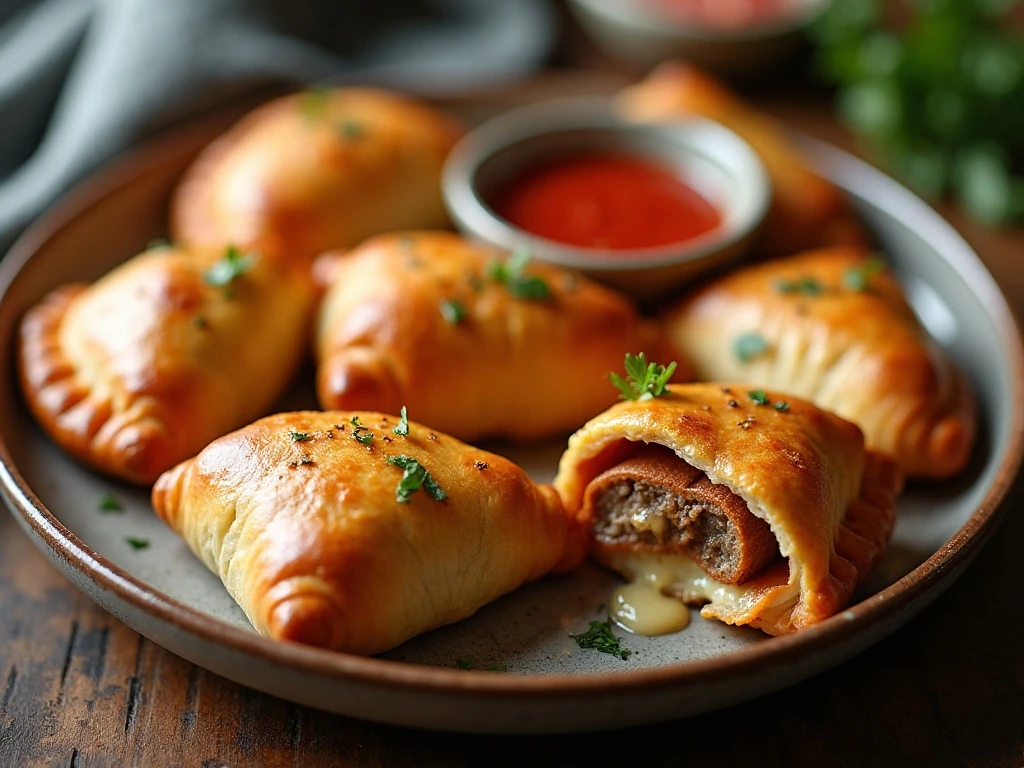 Golden mini sausage calzones served with pizza sauce