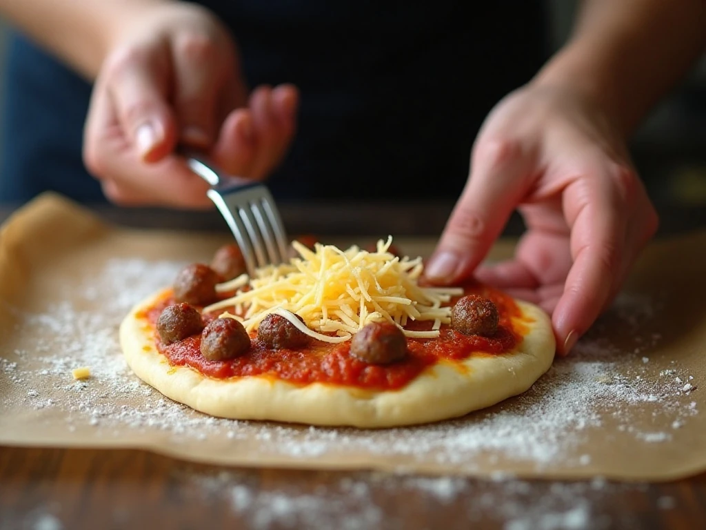 Filling pizza dough to make mini sausage calzones