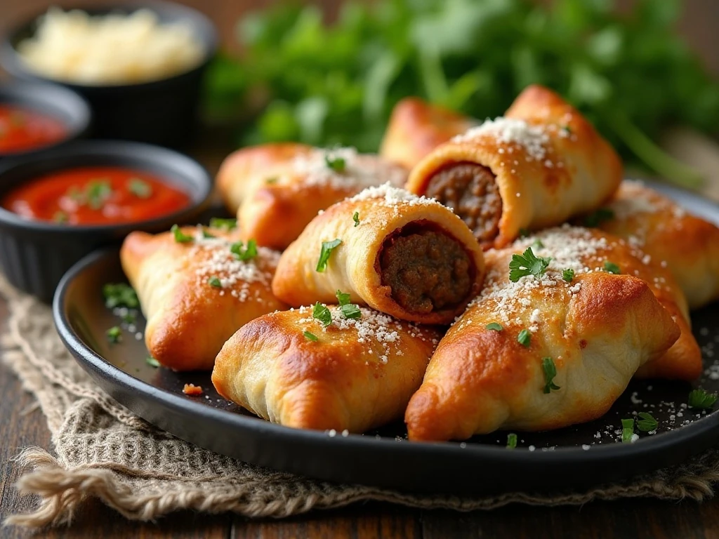Mini sausage calzones with dipping sauce for serving