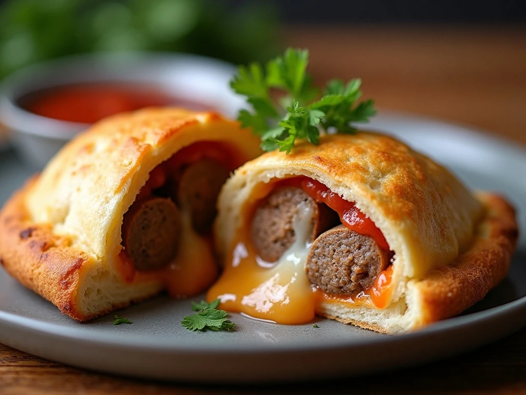 Reheated mini sausage calzone with melted cheese and sauce