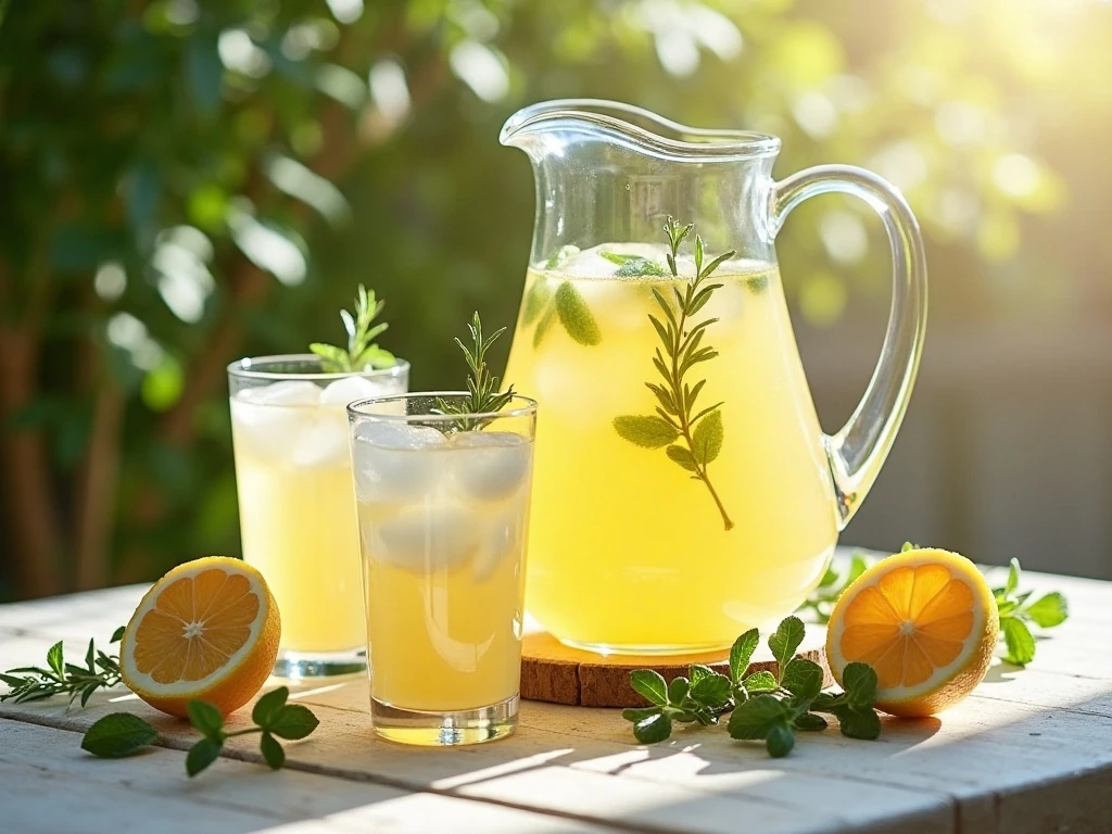 Pitcher and glasses of refreshing mint rosemary vanilla lemonade