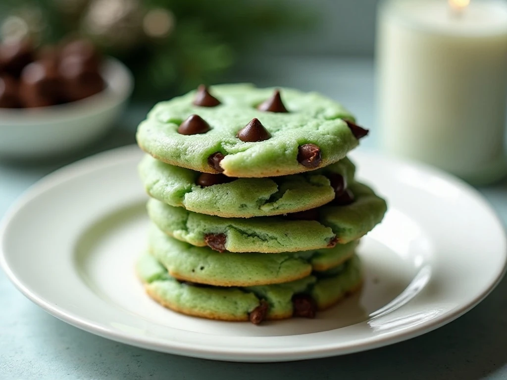Stack of soft green mint chocolate chip cookies with semisweet chocolate chips