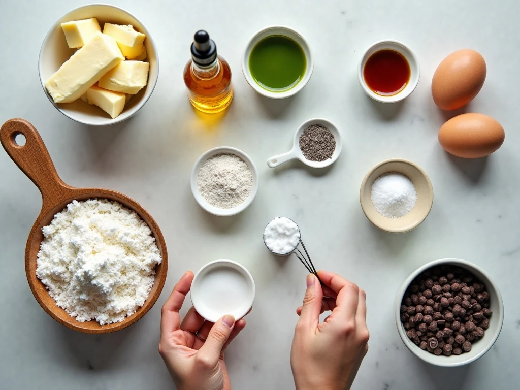 Ingredients for soft mint chocolate chip cookies arranged for baking