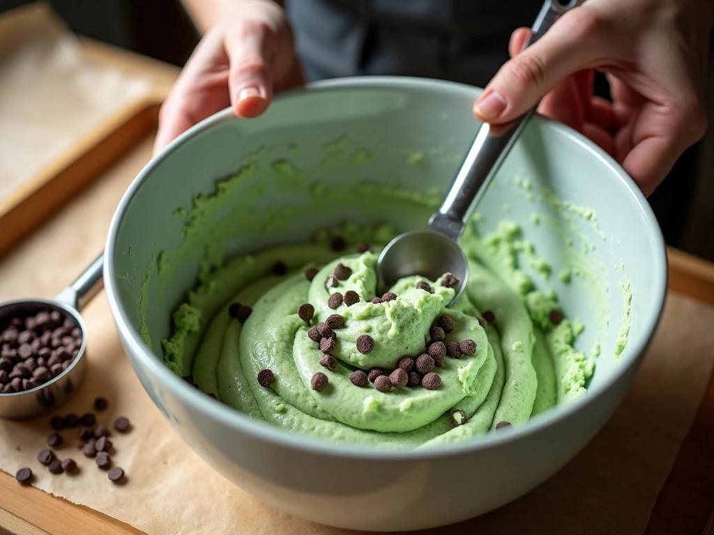 Mint cookie dough mixed with chocolate chips before baking