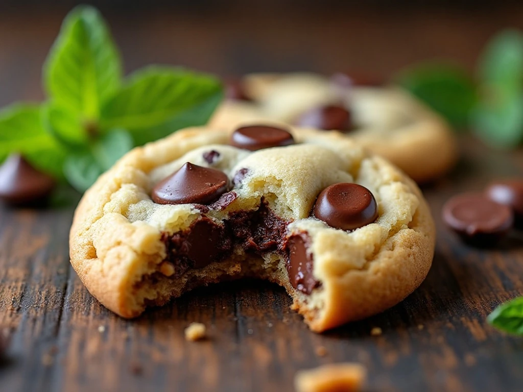 Close-up of the soft chewy center of a mint chocolate chip cookie