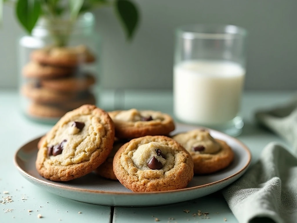 Mint chocolate chip cookies served with milk and ready for storage