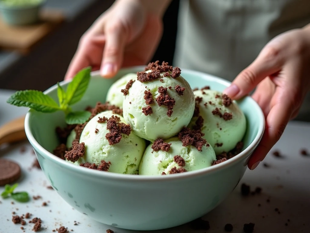 Folding chocolate and mint biscuits through softened ice cream
