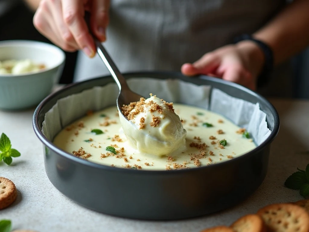 Pressing the mint ice cream mixture into a lined pan