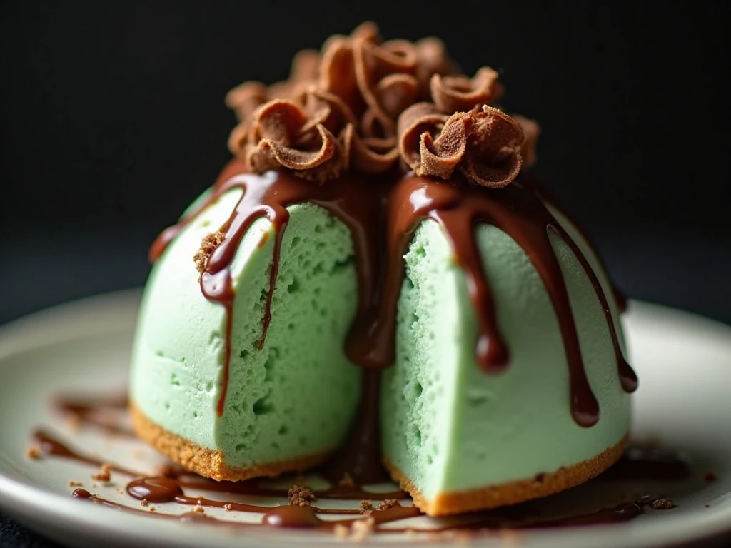 Fudge drizzle and chocolate curls on mint ice cream stack